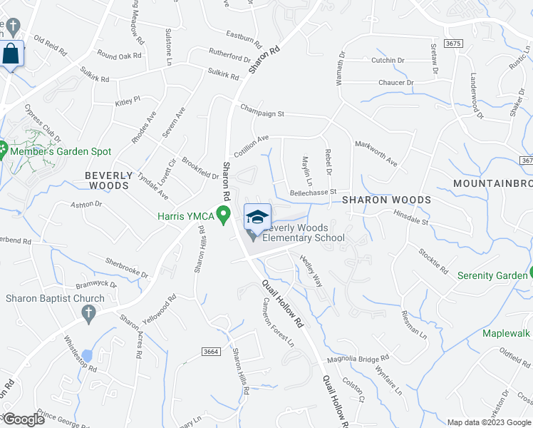 map of restaurants, bars, coffee shops, grocery stores, and more near 5927 Quail Hollow Road in Charlotte