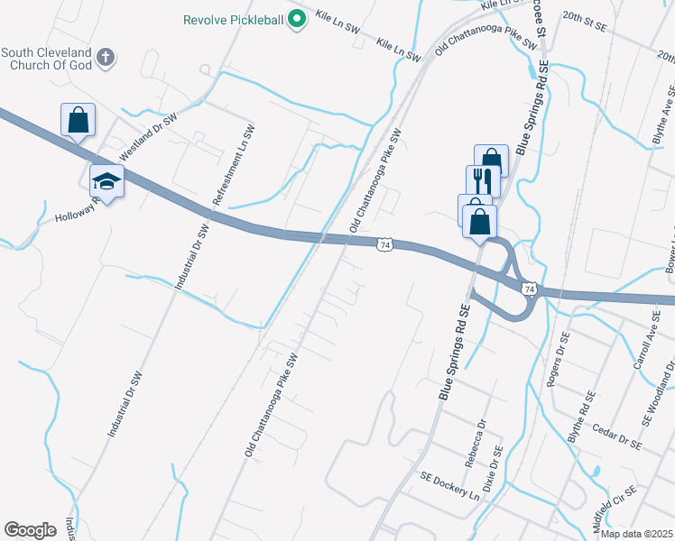 map of restaurants, bars, coffee shops, grocery stores, and more near 587 Old Chattanooga Pike Southwest in Cleveland
