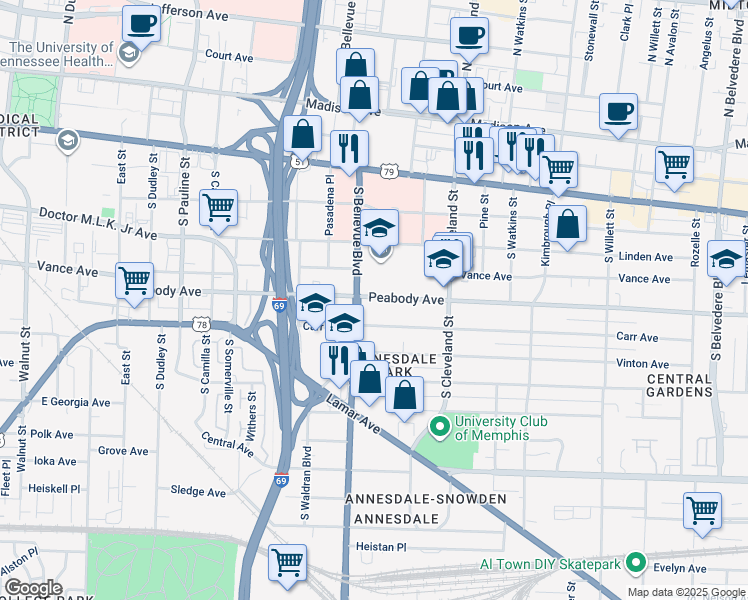 map of restaurants, bars, coffee shops, grocery stores, and more near 1264 Peabody Avenue in Memphis