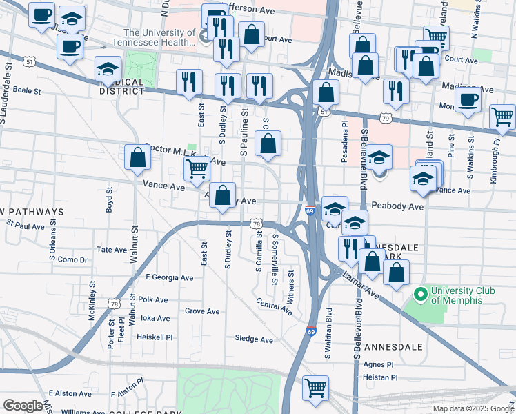 map of restaurants, bars, coffee shops, grocery stores, and more near 1032 Peabody Avenue in Memphis