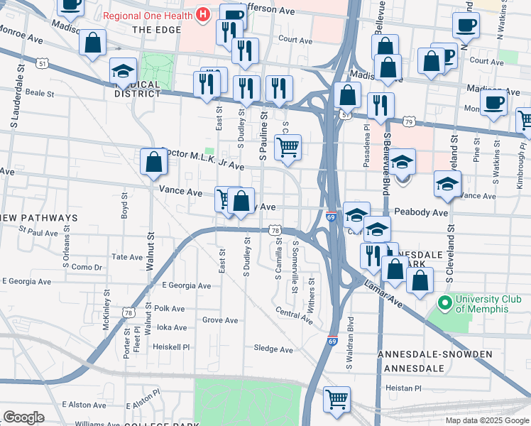 map of restaurants, bars, coffee shops, grocery stores, and more near 347 South Pauline Street in Memphis