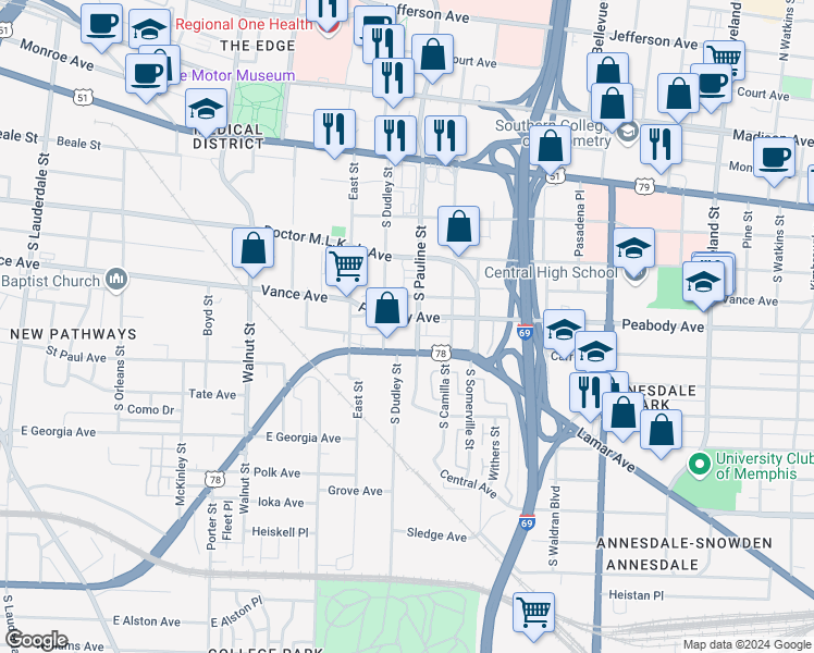 map of restaurants, bars, coffee shops, grocery stores, and more near 347 South Pauline Street in Memphis