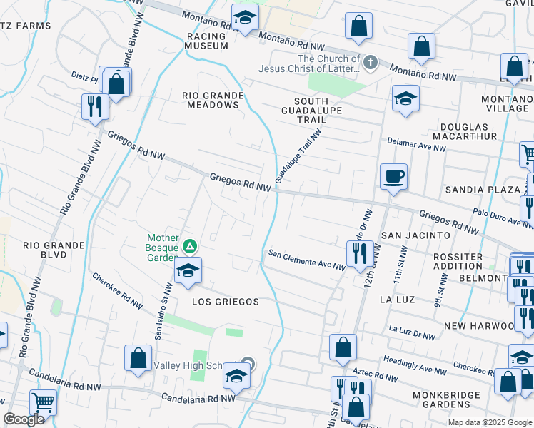 map of restaurants, bars, coffee shops, grocery stores, and more near 4604 Compound North Court Northwest in Albuquerque