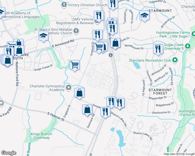 map of restaurants, bars, coffee shops, grocery stores, and more near 1103 Doveridge Street in Charlotte