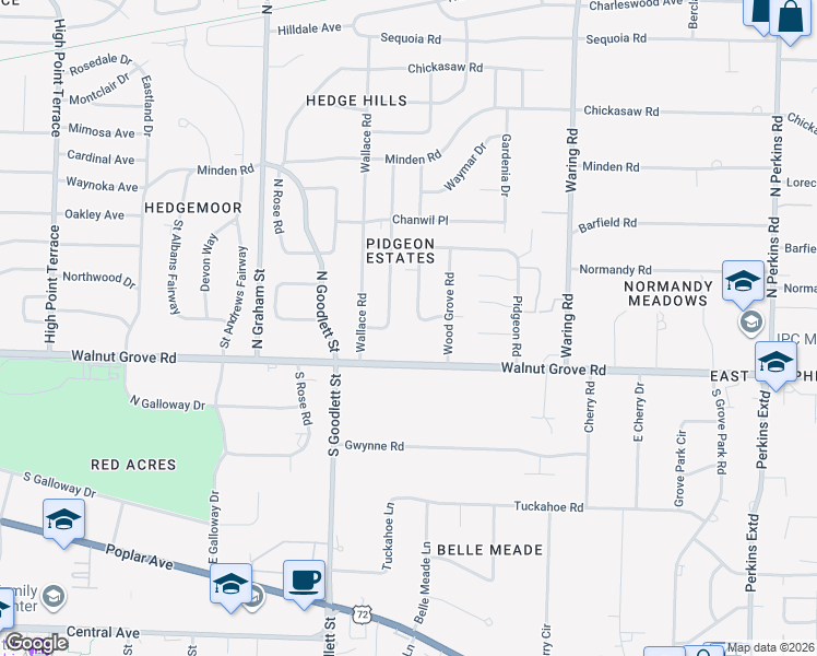 map of restaurants, bars, coffee shops, grocery stores, and more near 4202 White Oaks Road in Memphis