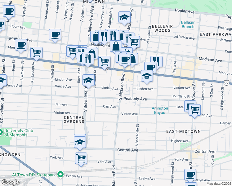 map of restaurants, bars, coffee shops, grocery stores, and more near 1801 Linden Avenue in Memphis