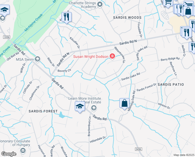 map of restaurants, bars, coffee shops, grocery stores, and more near 8436 Rittenhouse Circle in Charlotte