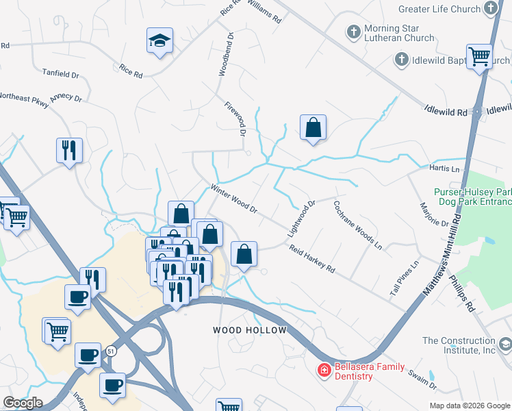 map of restaurants, bars, coffee shops, grocery stores, and more near 1208 Falkenburg Court in Matthews