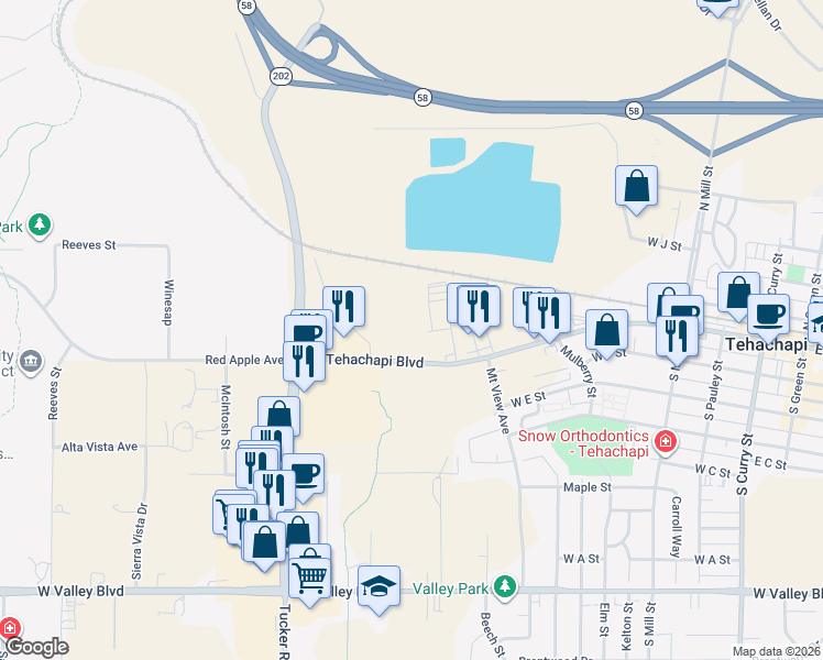 map of restaurants, bars, coffee shops, grocery stores, and more near 801 West Tehachapi Boulevard in Tehachapi