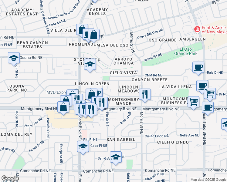 map of restaurants, bars, coffee shops, grocery stores, and more near 10101 Lagrima De Oro Road Northeast in Albuquerque