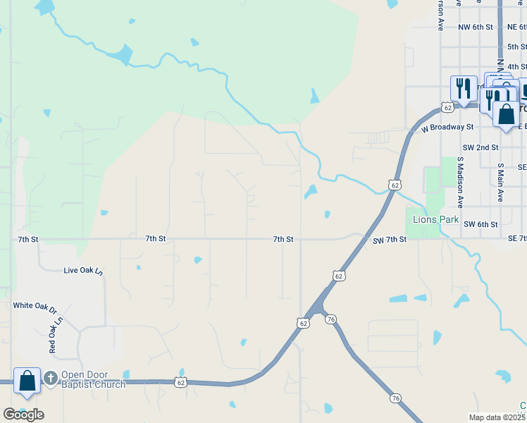 map of restaurants, bars, coffee shops, grocery stores, and more near 1787 South County Line Avenue in Blanchard