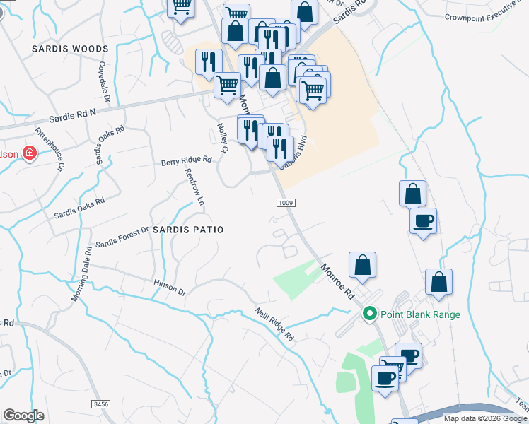map of restaurants, bars, coffee shops, grocery stores, and more near 10315 Monrovia Drive in Matthews