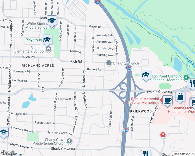 map of restaurants, bars, coffee shops, grocery stores, and more near 5690 Normandy Road in Memphis