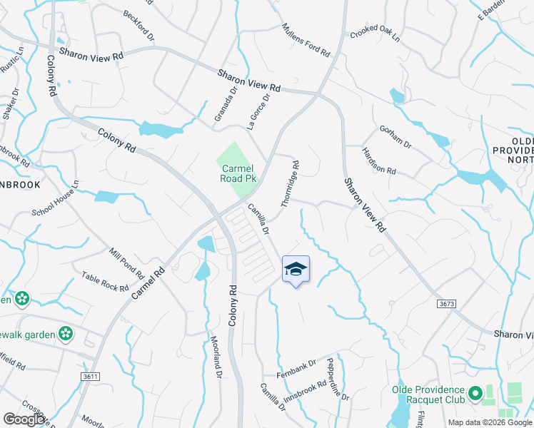 map of restaurants, bars, coffee shops, grocery stores, and more near 2430 Thornridge Road in Charlotte