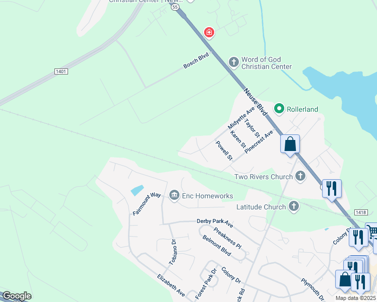 map of restaurants, bars, coffee shops, grocery stores, and more near 107 Midyette Avenue in New Bern