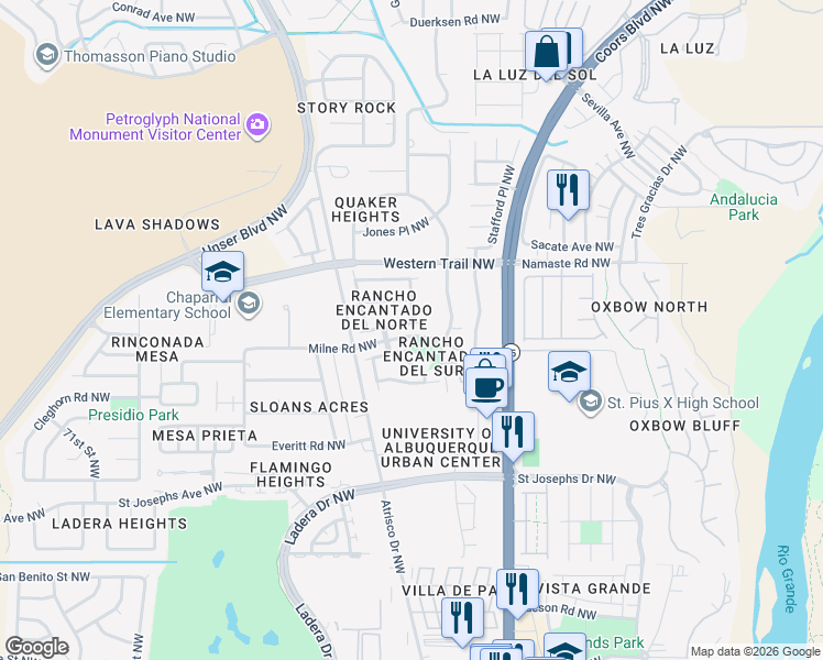 map of restaurants, bars, coffee shops, grocery stores, and more near 5909 Las Cadenas Road Northwest in Albuquerque
