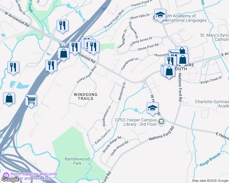 map of restaurants, bars, coffee shops, grocery stores, and more near 8809 Softwind Drive in Charlotte