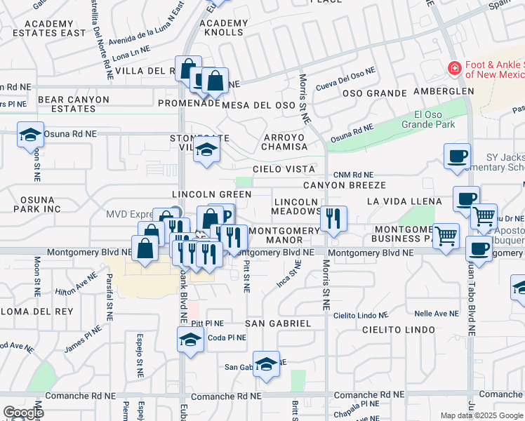 map of restaurants, bars, coffee shops, grocery stores, and more near 10101 Lagrima De Oro Road Northeast in Albuquerque
