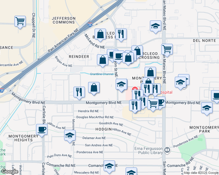 map of restaurants, bars, coffee shops, grocery stores, and more near 4401 Montgomery Boulevard Northeast in Albuquerque