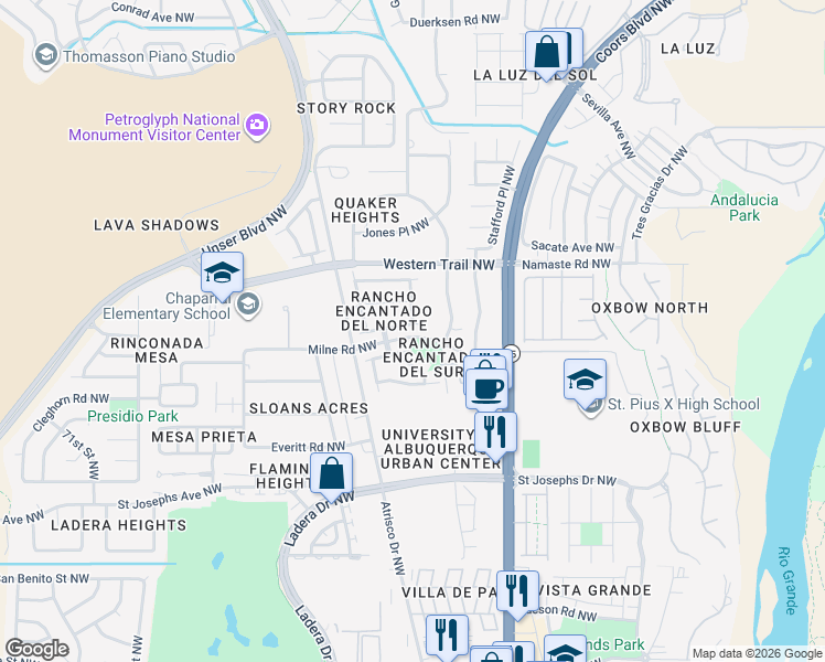 map of restaurants, bars, coffee shops, grocery stores, and more near 5909 Las Cadenas Road Northwest in Albuquerque