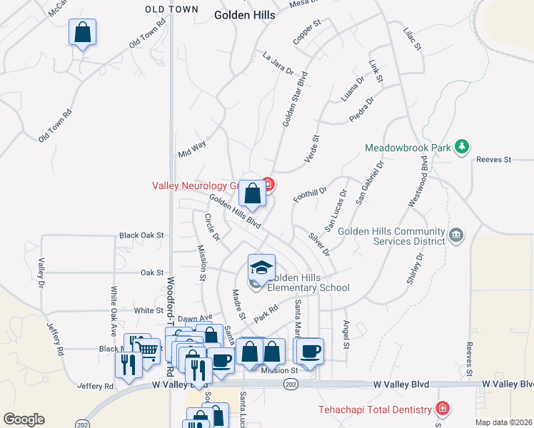 map of restaurants, bars, coffee shops, grocery stores, and more near 21616 Golden Star Boulevard in Tehachapi