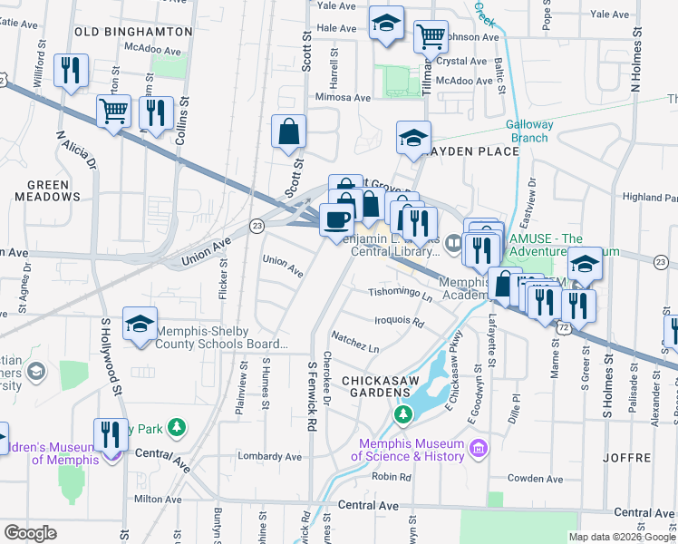 map of restaurants, bars, coffee shops, grocery stores, and more near 37 North Fenwick Road in Memphis