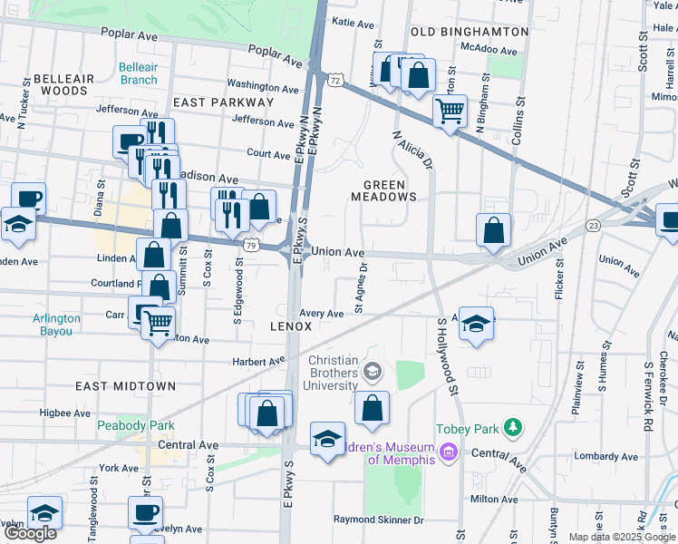 map of restaurants, bars, coffee shops, grocery stores, and more near 2385 Union Avenue in Memphis