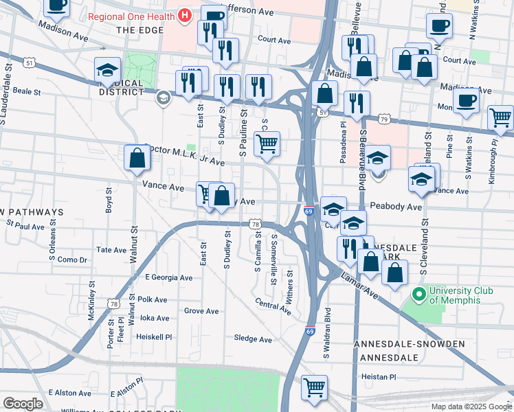 map of restaurants, bars, coffee shops, grocery stores, and more near 1032 Peabody Avenue in Memphis