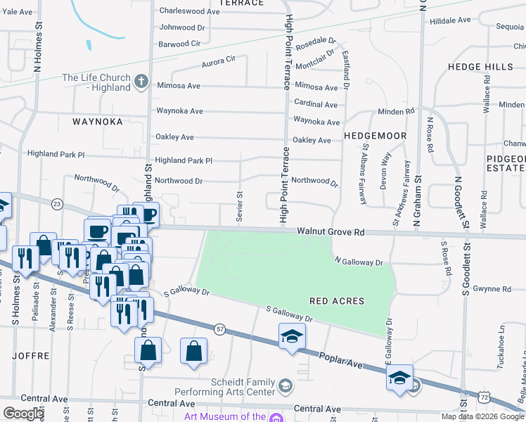 map of restaurants, bars, coffee shops, grocery stores, and more near 3713 Woodland Drive in Memphis