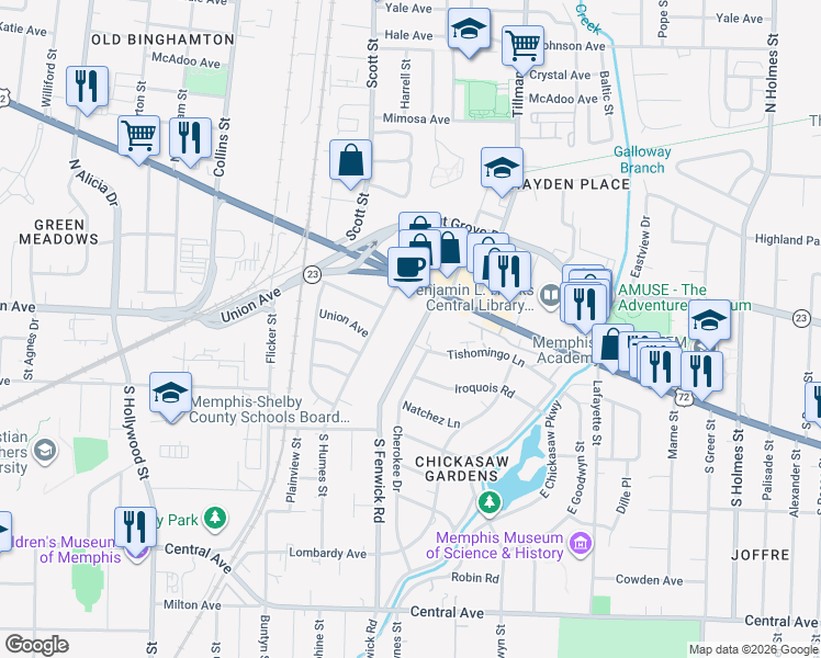 map of restaurants, bars, coffee shops, grocery stores, and more near 37 North Fenwick Road in Memphis