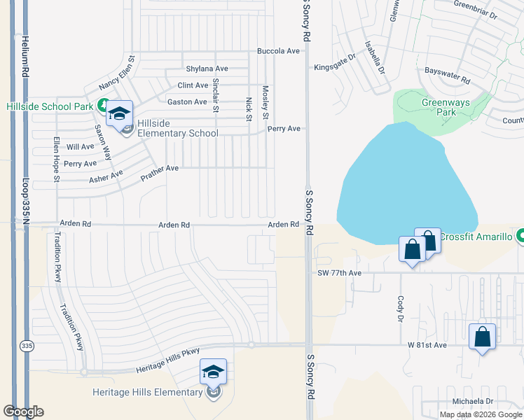 map of restaurants, bars, coffee shops, grocery stores, and more near 7412 Mosley Street in Amarillo