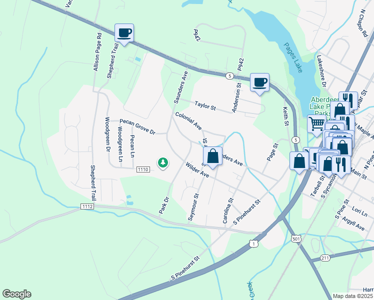 map of restaurants, bars, coffee shops, grocery stores, and more near 404 Park Drive in Aberdeen