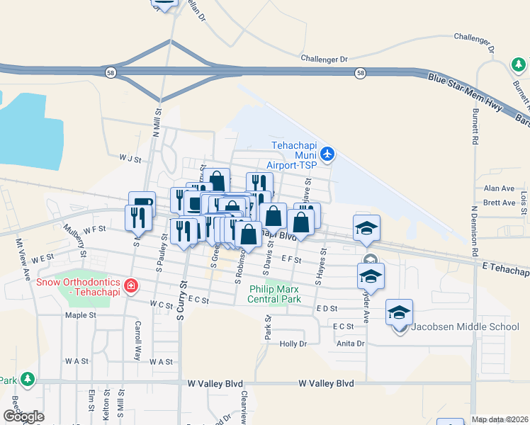 map of restaurants, bars, coffee shops, grocery stores, and more near 219 East H Street in Tehachapi