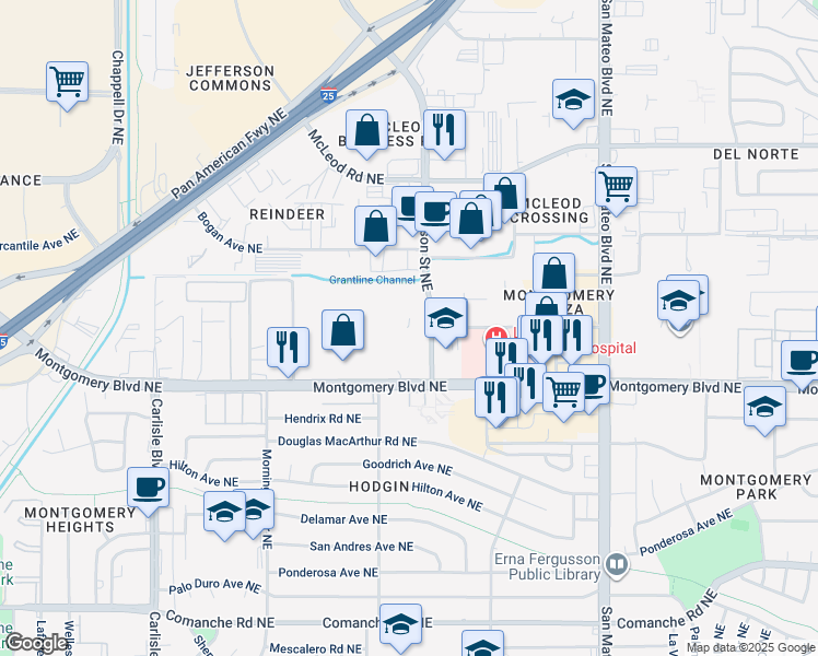 map of restaurants, bars, coffee shops, grocery stores, and more near 4401 Montgomery Boulevard Northeast in Albuquerque