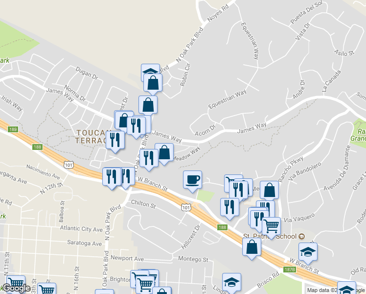 map of restaurants, bars, coffee shops, grocery stores, and more near 1097 Grieb Drive in Arroyo Grande