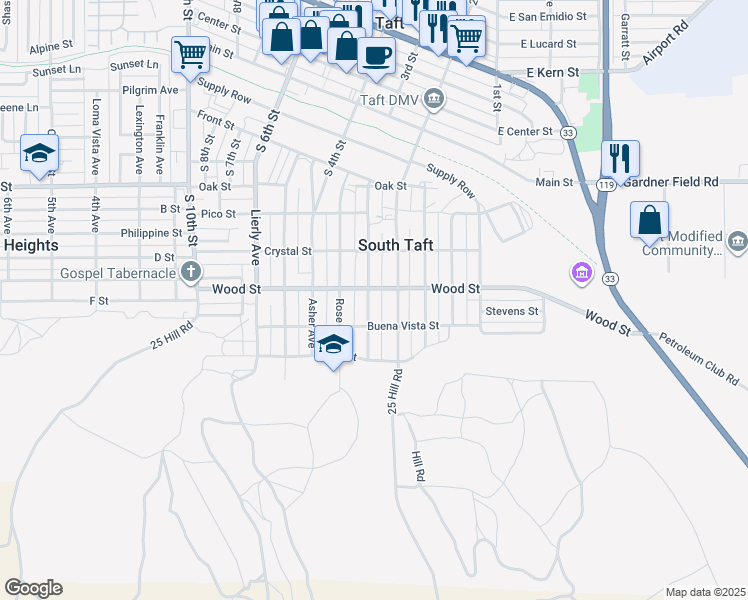 map of restaurants, bars, coffee shops, grocery stores, and more near 404 Naylor Avenue in Taft