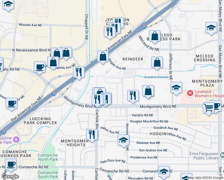 map of restaurants, bars, coffee shops, grocery stores, and more near 3833 Montgomery Boulevard Northeast in Albuquerque