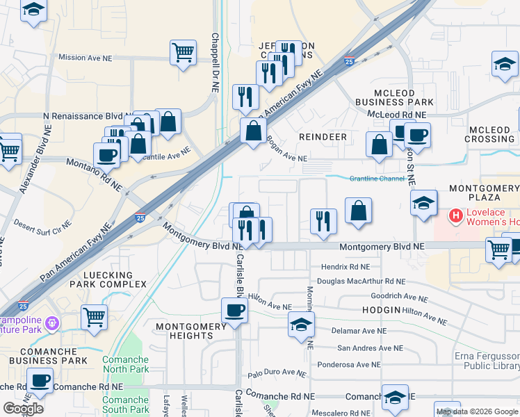 map of restaurants, bars, coffee shops, grocery stores, and more near 4532 Carlisle Boulevard Northeast in Albuquerque