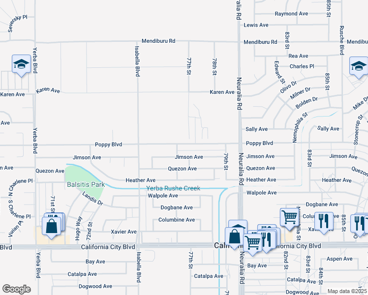 map of restaurants, bars, coffee shops, grocery stores, and more near 7666 Poppy Boulevard in California City