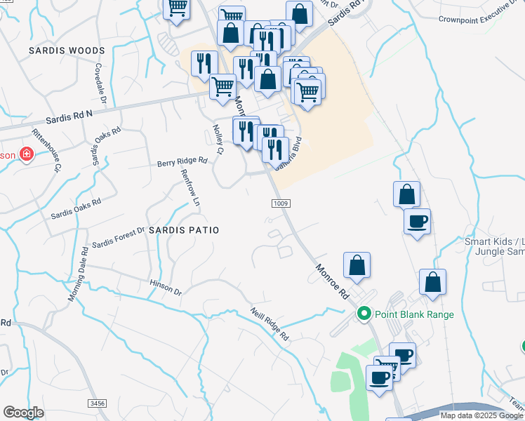 map of restaurants, bars, coffee shops, grocery stores, and more near 10252 Monroe Road in Charlotte