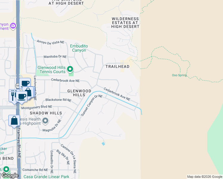 map of restaurants, bars, coffee shops, grocery stores, and more near 13425 Cedarbrook Avenue Northeast in Albuquerque