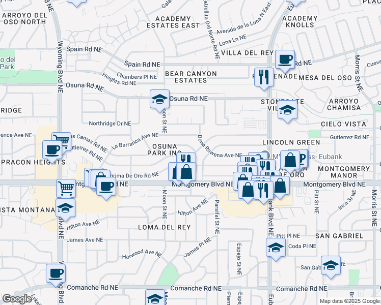 map of restaurants, bars, coffee shops, grocery stores, and more near 9216 Las Camas Road Northeast in Albuquerque