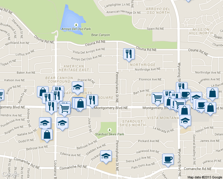 map of restaurants, bars, coffee shops, grocery stores, and more near 7552 Prairie Road Northeast in Albuquerque