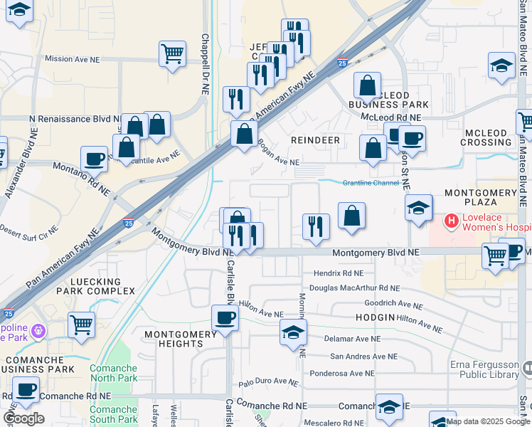 map of restaurants, bars, coffee shops, grocery stores, and more near 3833 Montgomery Boulevard Northeast in Albuquerque