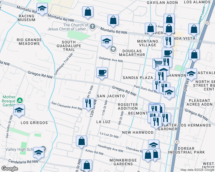 map of restaurants, bars, coffee shops, grocery stores, and more near 1007 Griegos Road Northwest in Albuquerque