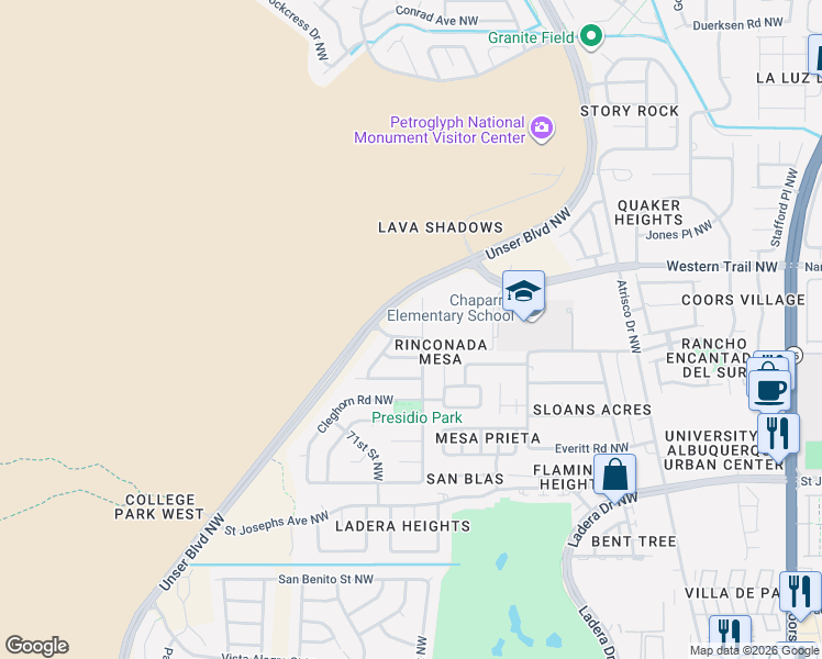 map of restaurants, bars, coffee shops, grocery stores, and more near 4512 67th Street Northwest in Albuquerque