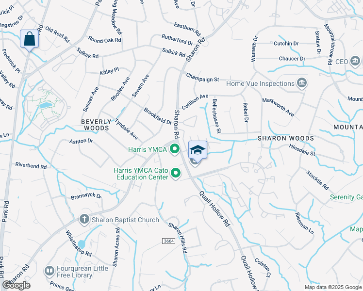 map of restaurants, bars, coffee shops, grocery stores, and more near 5913 Quail Hollow Road in Charlotte