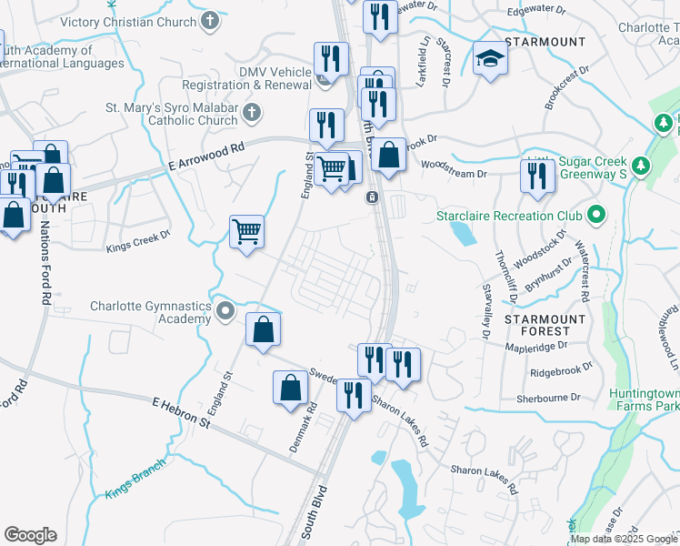 map of restaurants, bars, coffee shops, grocery stores, and more near 1103 Doveridge Street in Charlotte