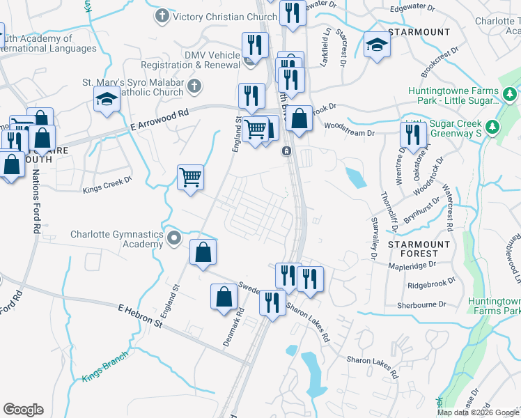 map of restaurants, bars, coffee shops, grocery stores, and more near 1103 Doveridge Street in Charlotte