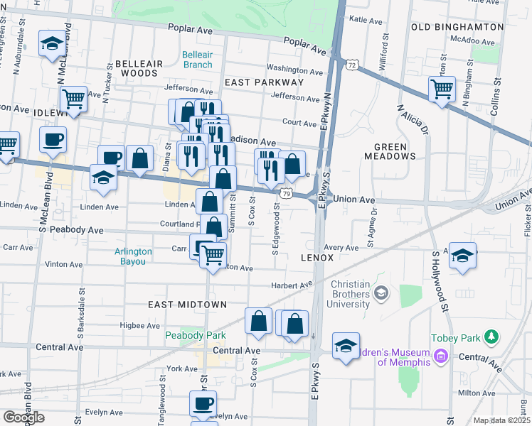 map of restaurants, bars, coffee shops, grocery stores, and more near 181 South Edgewood Street in Memphis